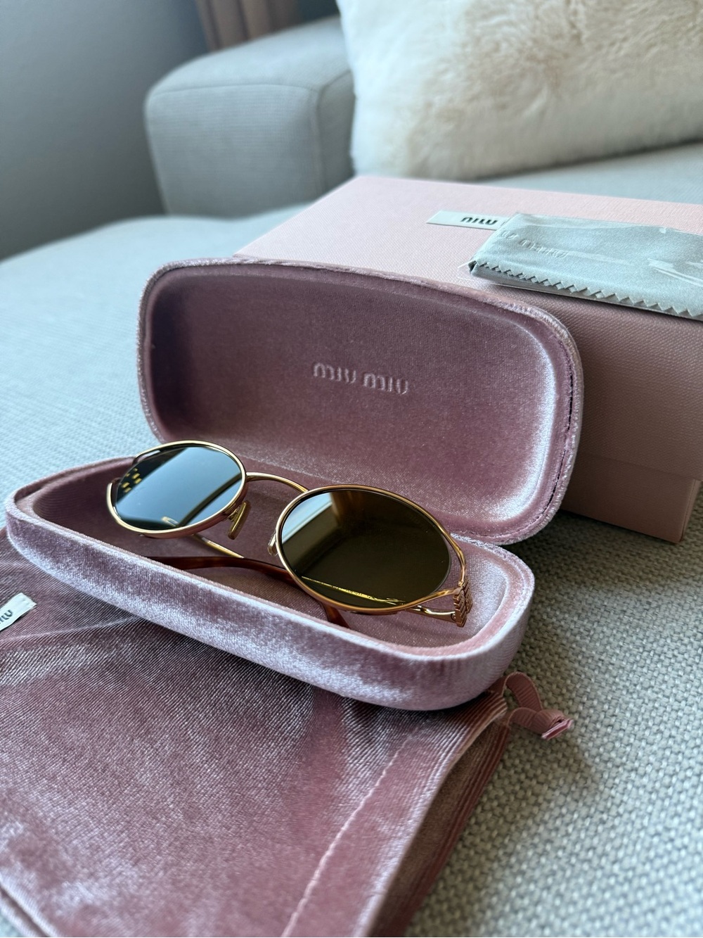 Miu Miu Gold Frame Sunglasses with Pink Velvet Case